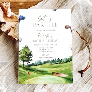 Op de afbeelding: Een rechthoekige uitnodigingskaart met een aquarel golfbaanlandschap, een green, bomen en een zandbunker. De tekst luidt: let's PAR-TEE JOIN US TO CELEBRATE Frank's 80TH BIRTHDAY SATURDAY, JUNE 22 AT 3PM MAGNOLIA MANOR 123 MAIN STREET LAKETOWN, NC 45678 RSVP JESS 123 456 7890.