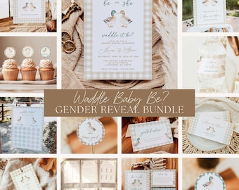 Waddle It Be Gender Reveal Bundle, Mallard Duck Theme Shower Editable Digital Bundle, Gingham Duck Hunting Decor Set Canva Template, MD1