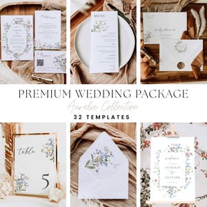 May include: A collection of wedding stationery templates featuring floral illustrations of blue and yellow wildflowers. The set includes invitation cards, menu cards, RSVP cards with QR codes, table number cards, and envelopes with floral liners.