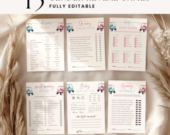 May include: A set of 15 gender reveal games, fully editable, with a golf cart graphic in pink and blue. The games include "Old Wives Tales", "True or False", "Your Purse", "Would Mommy Rather", "Baby Predictions", and "Mommy or Daddy?"