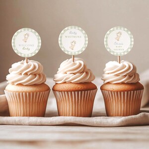 Cupcake-Topper „Silly Goose“ für Babypartys, Cupcake-Topper für Jungenpartys, Frühlingsgrüner Gingham-Dessert-Topper-Partyaufkleber, GS1