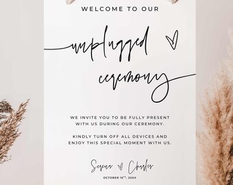 Unplugged Ceremony Welcome Sign Template Canva, Minimalist Modern Wedding Welcome Sign, Wedding Printable No Phones No Devices Sign, SE1