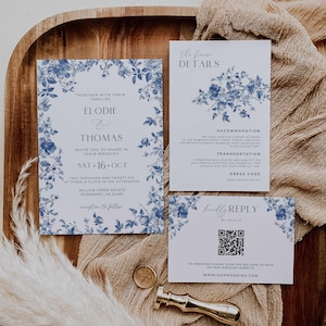 Blue Toile Wedding Invitation Suite, Dusty Blue Toile de Jouy Wedding Set Template, French Blue Chinoiserie Wedding Invite Bundle, EL1