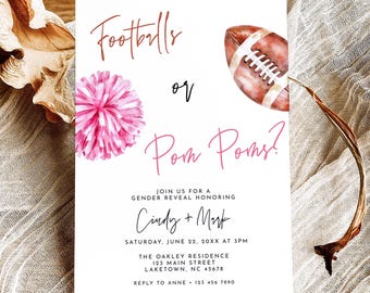 Football or Pom Pom Gender Reveal Invitation, Footballs or Pom Poms Invite Canva Template, Touchdowns or Pom Pom Gender Reveal Invite, FS1