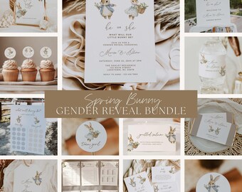 Bunny Gender Reveal Bundle, Easter Rabbit Theme Shower Editable Digital Bundle, What Will Bunny Be Spring Decor Set Canva Template, ES1