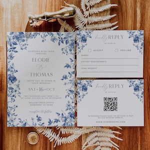 Blue Toile de Jouy Wedding Invitation Suite, Dusty Blue Toile Wedding Bundle Template, French Blue Chinoiserie Wedding Invite QR RSVP, EL1