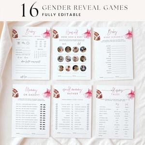 Puede incluir: Seis tarjetas de papel blanco para juegos de revelación de género con ilustraciones de tutú rosa y balones de fútbol americano. Las tarjetas incluyen títulos como Baby Predictions, How Old Were Mom and Dad, Word Scramble, Mommy or Daddy, Would Mommy Rather y Old Wives Tales.