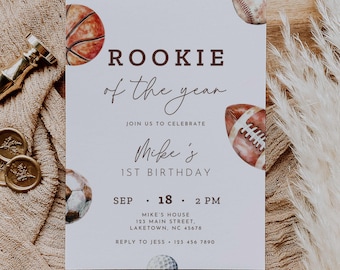 Rookie of the Year Sports First Birthday Invitation, Sports 1st Birthday Invite for Boy, Rookie Year Baseball First Birthday Invite, MJ1