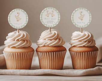 Silly Goose Cupcake Topper Canva Template, Little Silly Goose Theme Gender Reveal Decor, Gingham Goose Gender Reveal Party Favor Decor, GS6