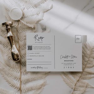Modelo de cartão postal com QR Code RSVP Canva, Cartão de resposta para casamento moderno, Cartão de resposta com QR Code minimalista para casamento, Inserção em site de casamento, SE1