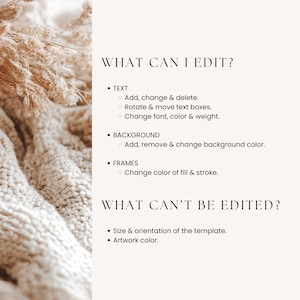 May include: A beige graphic with text detailing editable elements of a template. Text includes options for editing text, background, and frames. The background features a soft, textured fabric and dried plants.