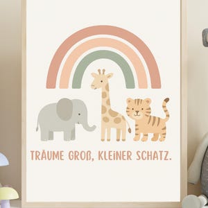 Digitales Poster Kinderzimmer Tiere Regenbogen | Wandbild Babyzimmer Pastell | Sofortiger PNG-Download mit & ohne Spruch