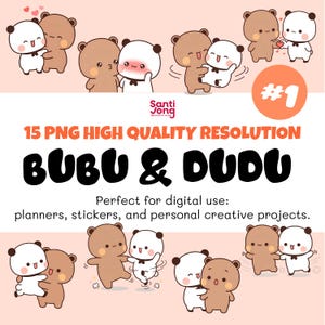 Puede incluir: Gráfico digital con los personajes Bubu y Dudu en varias poses. La imagen incluye el texto "15 PNG HIGH QUALITY RESOLUTION" y "BUBU & DUDU". Perfecto para uso digital en planificadores, pegatinas y proyectos creativos.
