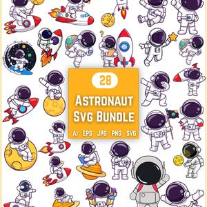 Może przedstawiać: Zestaw 28 graficznych astronautów SVG z kreskówek. Astronauci są przedstawieni w różnych pozach z rakietami, planetami i gwiazdami. Paleta kolorów obejmuje biały, czerwony, żółty i czarny. Tekst "28 ASTRONAUT SVG BUNDLE" jest wyświetlany na żółtym tle.