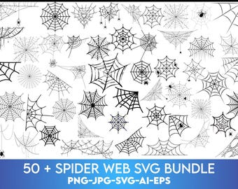 Puede incluir: Una colección de diseños de telarañas en blanco y negro de varias formas y tamaños. La imagen incluye una variedad de estilos de telarañas, algunos con arañas. El texto en la parte inferior dice "50 + SPIDER WEB SVG BUNDLE" con opciones de tipo de archivo.