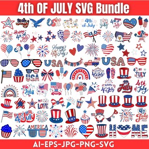 Op de afbeelding: Een digitale collectie van 4 juli-thema afbeeldingen met rood, wit en blauwe patriottische iconen, waaronder vuurwerk, Amerikaanse vlaggen, hoge hoeden, adelaars, harten, zonnebrillen en teksten zoals 4th of July, USA en America.