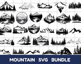 Pacchetto SVG di montagne, alberi della foresta, paesaggio bohémien (png, jpg, eps, ai)