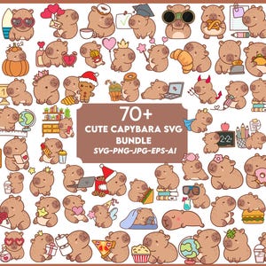 May include: A collection of over 70 cute capybara SVG illustrations in various poses and with different accessories. The image includes text that reads "70+ CUTE CAPYBARA SVG BUNDLE SVG-PNG-JPG-EPS-AI".