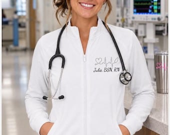Personalized Nurse Scrub Jacket with Pockets – Embroidered RN Jacket – Custom Medical Full Zip Jacket – Nurse Gift EKG