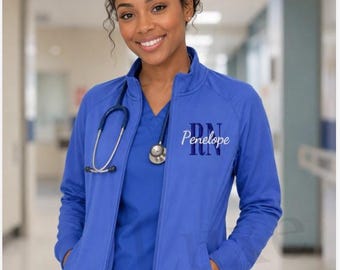 Personalized Nurse Scrub Jacket with Pockets, Embroidered RN Jacket, Custom Full Zip Medical Jacket, Nurse Graduation Gift