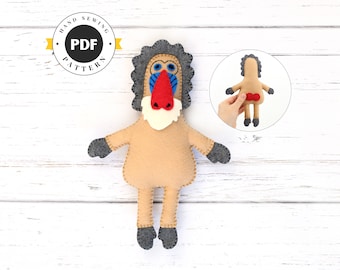 Red Bum Mandrill Monkey Hand Sewing Pattern | Felt "Cheeky Monkey" | Stuffed Plushie Digital Download Pattern and Cut Files, PDF SVG DFX