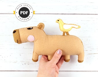 Capybara Hand Sewing Pattern | Stuffed Capybara Soft Toy Hand Embroidery DIY Instructions | Capybara & Bird PDF Download with SVG Cut Files