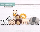 Jungle Animal Sewing Patterns, Zoo Animal Hand Sewing, Safari Animal Felt, Giraffe Elephant Monkey Zebra Lion, Gift for Tots, PDF SVG DXF