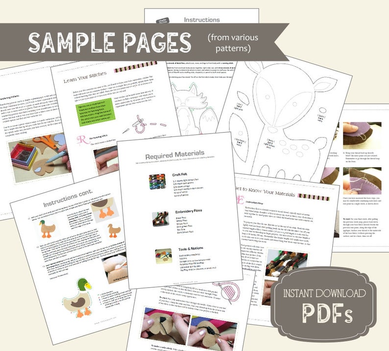 Sample pages from inside of the sewing patterns and stitch guide