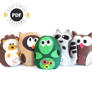 Forest Animal Softie Patterns – Raccoon, Owl, Turtle, Hedgehog – DIY Felt Plush PDF SVG
