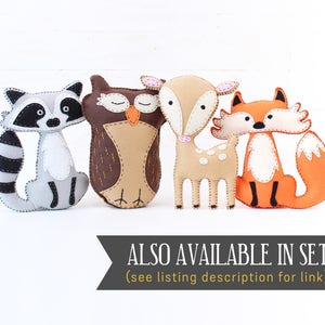 Image shows that soft toy deer pattern is available in a set including a raccoon, owl, and fox