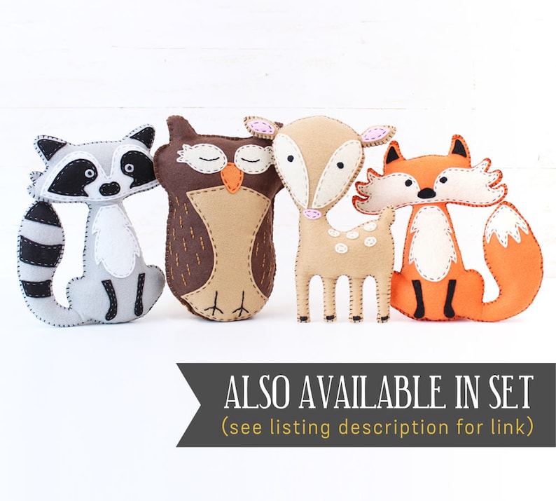 Image shows that soft toy deer pattern is available in a set including a raccoon, owl, and fox