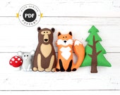 Woodland Stuffed Animal Patterns, Easy Hand Sewing Patterns for Felt Forest Animals, Fox, Bear, Mouse, Pine Tree, & Mushroom, PDF SVG DXF