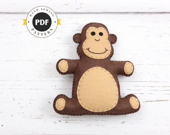 Monkey Sewing Pattern, Stuffed Felt Monkey Hand Sewing Plushie, Sew a Felt Jungle Monkey Softie, Safari Stuffed Animal Monkey Toy, PDF SVG