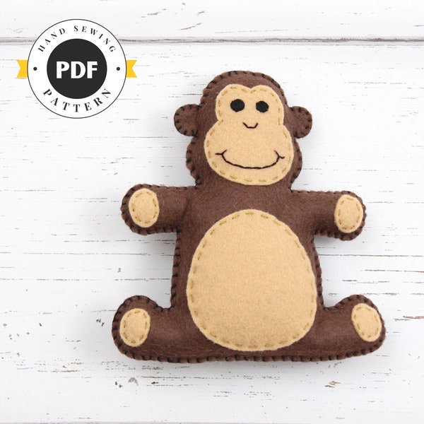 Monkey Sewing Pattern, Stuffed Felt Monkey Hand Sewing Plushie, Sew a Felt Jungle Monkey Softie, Safari Stuffed Animal Monkey Toy, PDF SVG