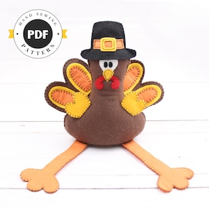 Felt Turkey Sewing Pattern: Thanksgiving Plush Toy with Pilgrim Hat (PDF SVG Download