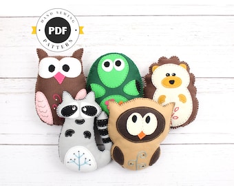 Woodland Stuffed Animal Sewing Patterns, Felt Owl, Plush Raccoon, Hedgehog Softie, Turtle Stuffie, Easy Hand Sewing Felt Forest, PDF SVG DFX