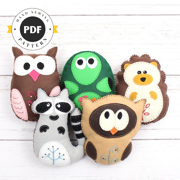 Woodland Stuffed Animal Sewing Patterns, Felt Owl, Plush Raccoon, Hedgehog Softie, Turtle Stuffie, Easy Hand Sewing Felt Forest, PDF SVG DFX