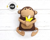 Felt Monkey Sewing Pattern, Hand Sewing Plush Monkey Softie, Stuffed Plush Monkey Banana Stuffie Pattern, Instant Download PDF SVG DXF