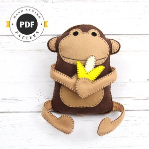 Felt Monkey Sewing Pattern, Hand Sewing Plush Monkey Softie, Stuffed Plush Monkey Banana Stuffie Pattern, Instant Download PDF SVG DXF image 1