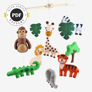 Jungle Mobile Sewing Pattern, Safari Animal Nursery Mobile Decor, DIY Nursery Mobile, Giraffe, Tiger, Zebra, Elephant, Monkey, PDF SVG image 1