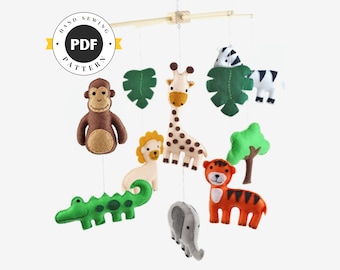 Jungle Mobile Sewing Pattern, Safari Animal Nursery Mobile Decor, DIY Nursery Mobile, Giraffe, Tiger, Zebra, Elephant, Monkey, PDF SVG