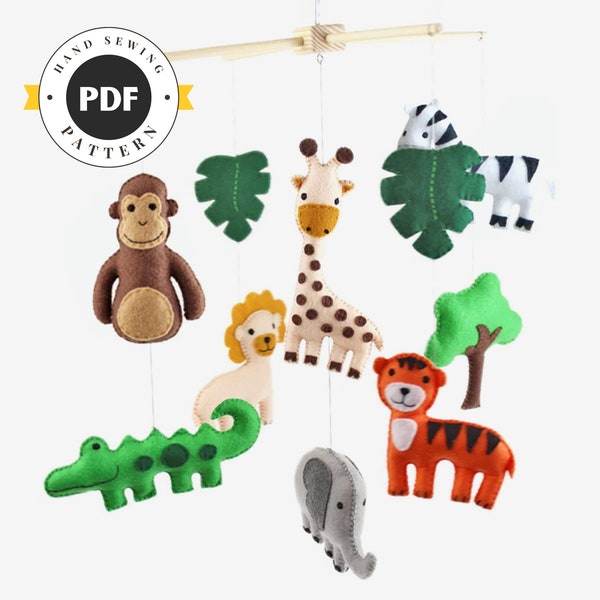 Jungle Mobile Sewing Pattern, Safari Animal Nursery Mobile Decor, DIY Nursery Mobile, Giraffe, Tiger, Zebra, Elephant, Monkey, PDF SVG