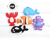 Ocean Stuffed Animals Sewing Patterns, Hand Sewing Patterns for Whale, Lobster, Orca, Clown Fish, and Octopus, Sea Animal PDF SVG DXF