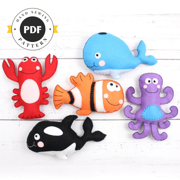 Ocean Stuffed Animals Sewing Patterns, Hand Sewing Patterns for Whale, Lobster, Orca, Clown Fish, and Octopus, Sea Animal PDF SVG DXF