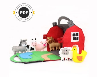 Toy Farm Sewing Pattern, Felt Barn & Farm Animals Hand Sewing DIY, Gifts for Toddlers, Instant Download PDF SVG, Sew a Barnyard Play Set