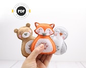 Tiny Felt Hand Sewing Patterns, Baby Fox, Bear & Bird Stuffed Animals, "Sleepy Babies", Gift for Tots, PDF SVG DXF