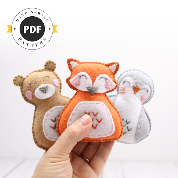 Tiny Felt Hand Sewing Patterns, Baby Fox, Bear & Bird Stuffed Animals, "Sleepy Babies", Gift for Tots, PDF SVG DXF