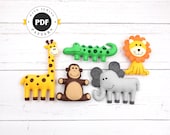 Jungle Safari Animal Patterns, Easy Hand Sewing Pattern for Felt Giraffe Elephant Crocodile Monkey & Lion, Plush Softies, PDF SVG DXF