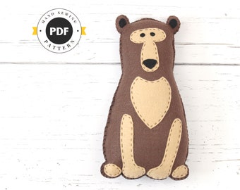 Stuffed Bear Sewing Pattern, Felt Hand Sewing Bear Plushie Pattern, Woodland Bear Softie, Brown Bear Plush Toy, Instant Download PDF SVG