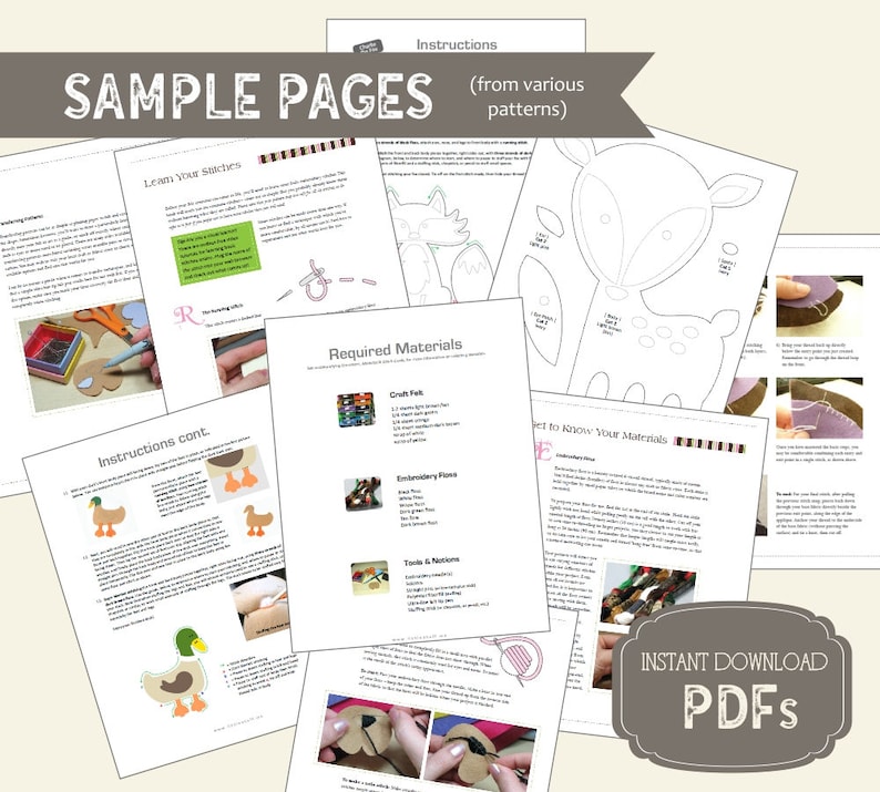 Sample pages from inside of the sewing patterns and stitch guide